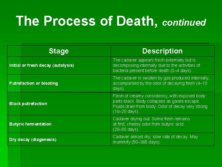 The Process of Death, continued Stage Description Initial or fresh decay (autolysis) The cadaver