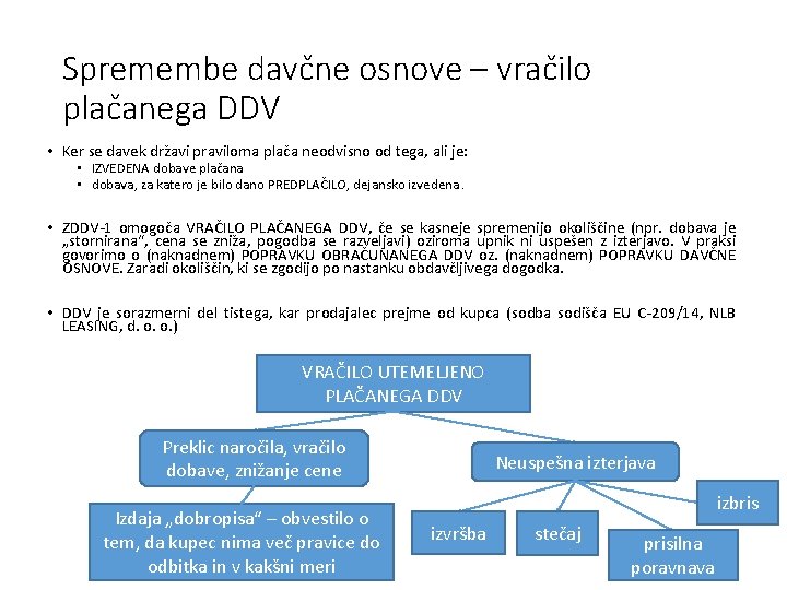 Spremembe davčne osnove – vračilo plačanega DDV • Ker se davek državi praviloma plača