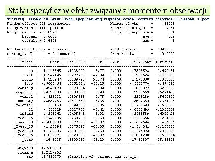 Stały i specyficzny efekt związany z momentem obserwacji xi: xtreg ltrade cu ldist lrgdp Stały i specyficzny efekt związany z momentem obserwacji xi: xtreg ltrade cu ldist lrgdp