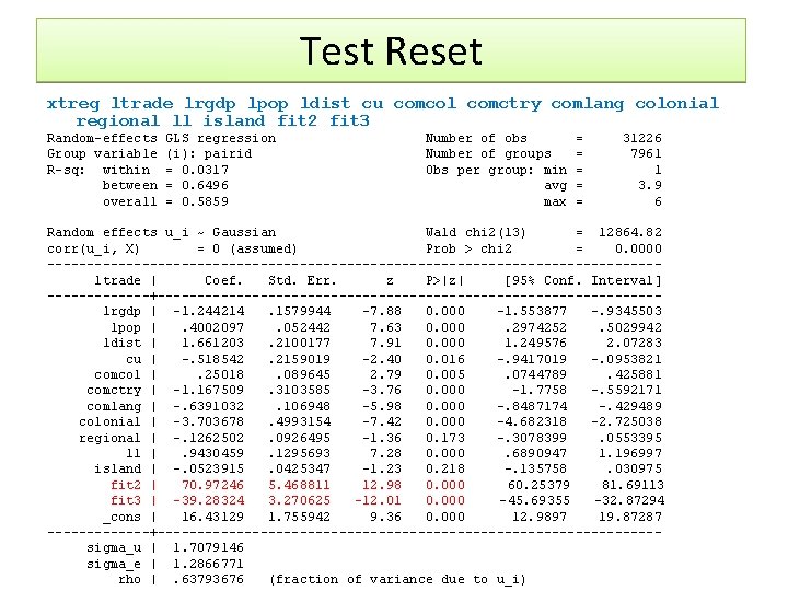 Test Reset xtreg ltrade lrgdp lpop ldist cu comcol comctry comlang colonial regional ll Test Reset xtreg ltrade lrgdp lpop ldist cu comcol comctry comlang colonial regional ll