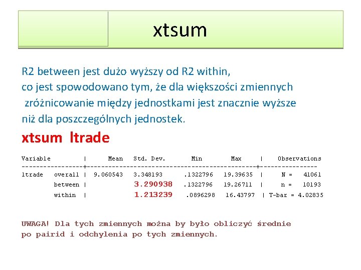xtsum R 2 between jest dużo wyższy od R 2 within, co jest spowodowano xtsum R 2 between jest dużo wyższy od R 2 within, co jest spowodowano