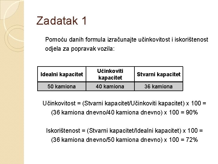 Zadatak 1 Pomoću danih formula izračunajte učinkovitost i iskorištenost odjela za popravak vozila: Idealni