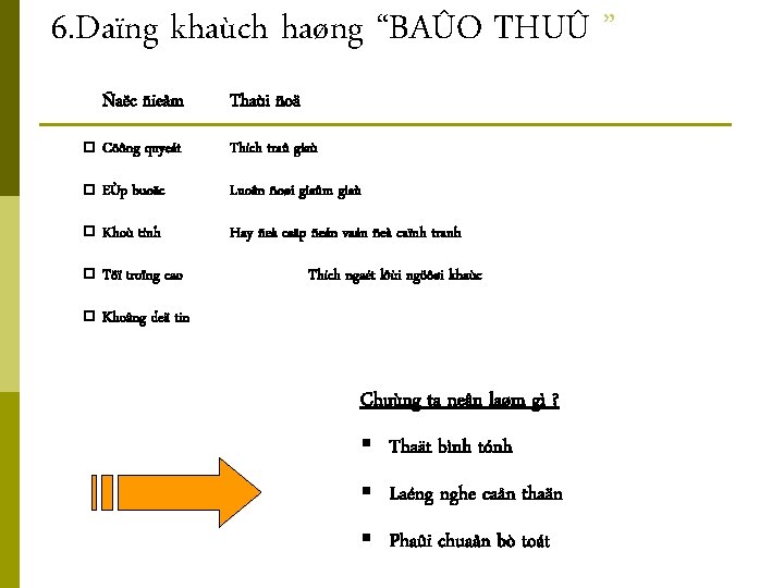 6. Daïng khaùch haøng “BAÛO THUÛ ” Ñaëc ñieåm Thaùi ñoä p Cöông quyeát