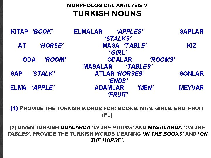 MORPHOLOGICAL ANALYSIS 2 TURKISH NOUNS KITAP ‘BOOK’ AT ‘HORSE’ ODA SAP ‘ROOM’ ‘STALK’ ELMA