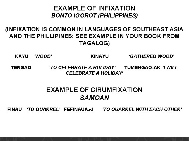 EXAMPLE OF INFIXATION BONTO IGOROT (PHILIPPINES) (INFIXATION IS COMMON IN LANGUAGES OF SOUTHEAST ASIA