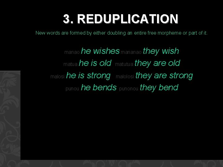 3. REDUPLICATION New words are formed by either doubling an entire free morpheme or
