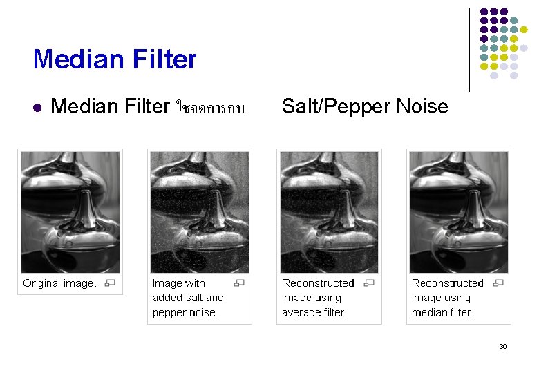 Median Filter l Median Filter ใชจดการกบ Salt/Pepper Noise 39 
