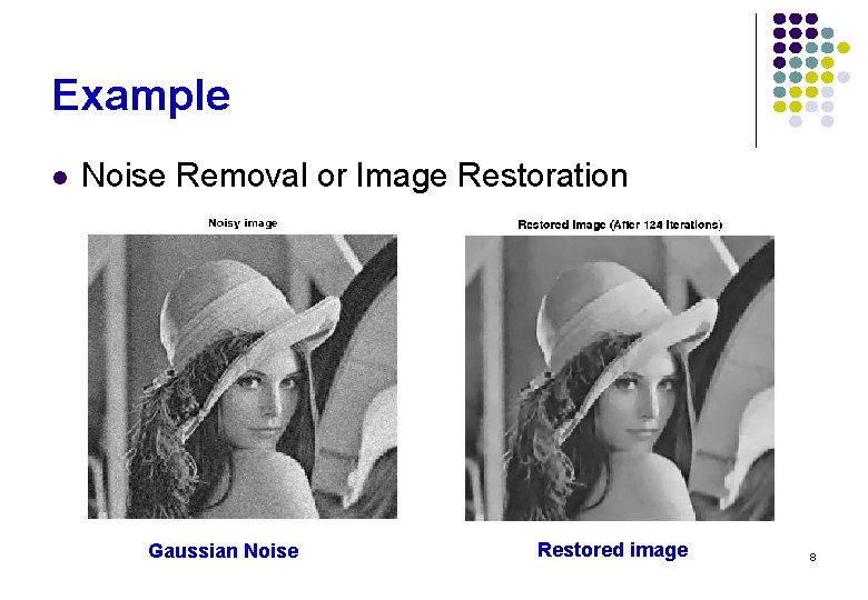 Example l Noise Removal or Image Restoration Gaussian Noise Restored image 8 