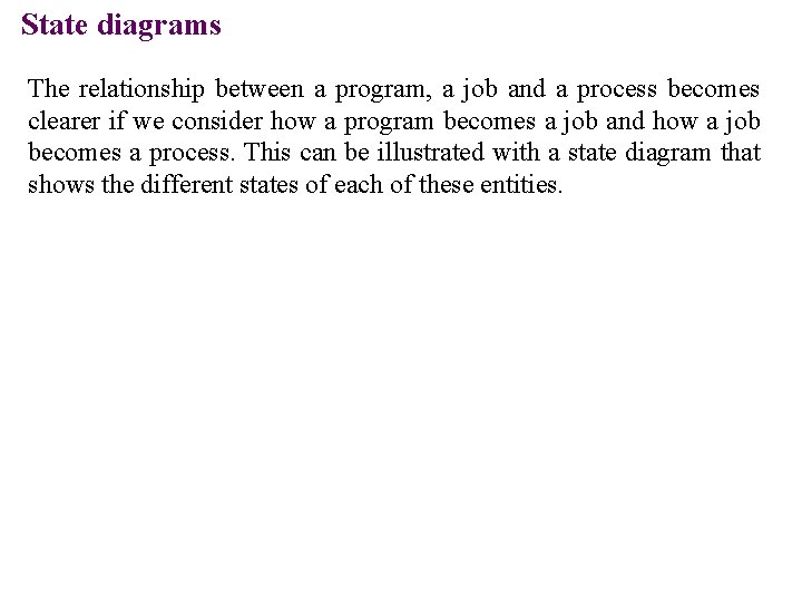 State diagrams The relationship between a program, a job and a process becomes clearer