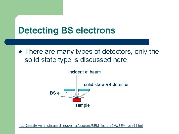 Detecting BS electrons l There are many types of detectors, only the solid state Detecting BS electrons l There are many types of detectors, only the solid state