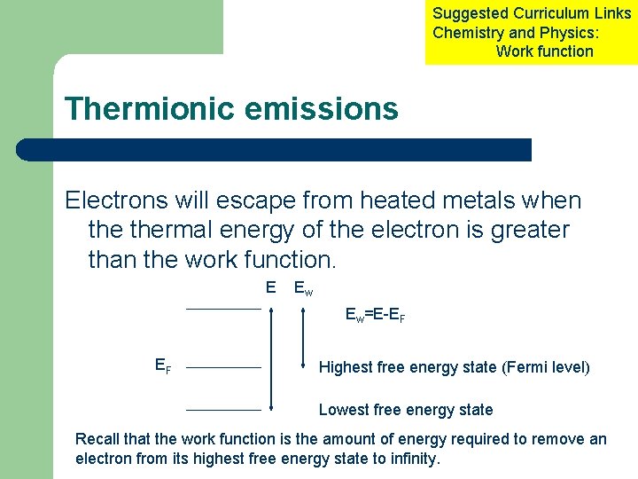 Suggested Curriculum Links Chemistry and Physics: Work function Thermionic emissions Electrons will escape from Suggested Curriculum Links Chemistry and Physics: Work function Thermionic emissions Electrons will escape from