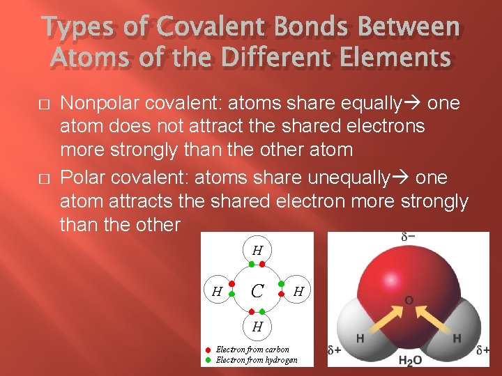 Types of Covalent Bonds Between Atoms of the Different Elements � � Nonpolar covalent: