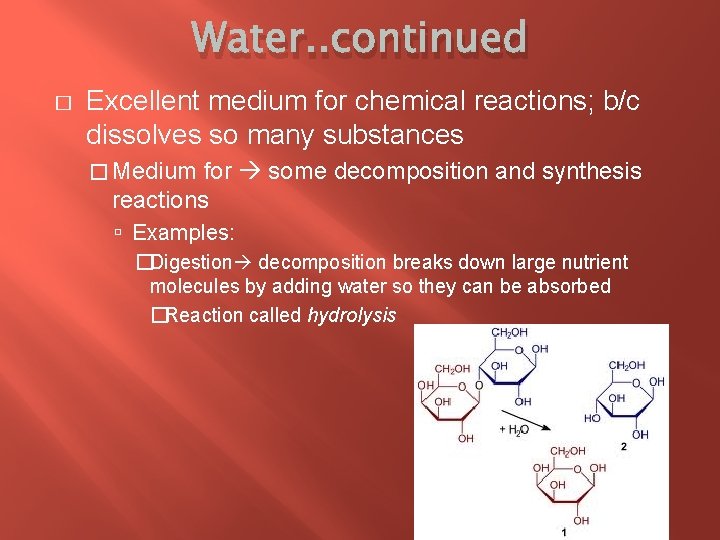 Water. . continued � Excellent medium for chemical reactions; b/c dissolves so many substances
