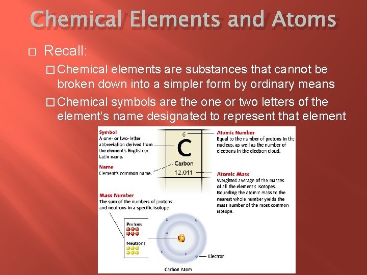 Chemical Elements and Atoms � Recall: � Chemical elements are substances that cannot be