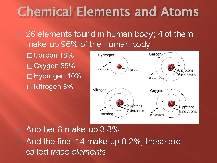 Chemical Elements and Atoms � 26 elements found in human body; 4 of them