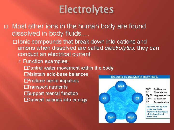 Electrolytes � Most other ions in the human body are found dissolved in body