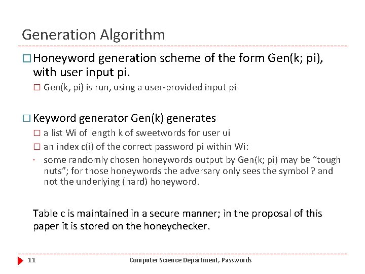 Generation Algorithm � Honeyword generation scheme with user input pi. � of the form