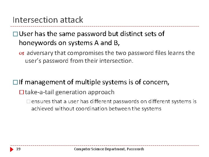 Intersection attack � User has the same password but distinct sets of honeywords on