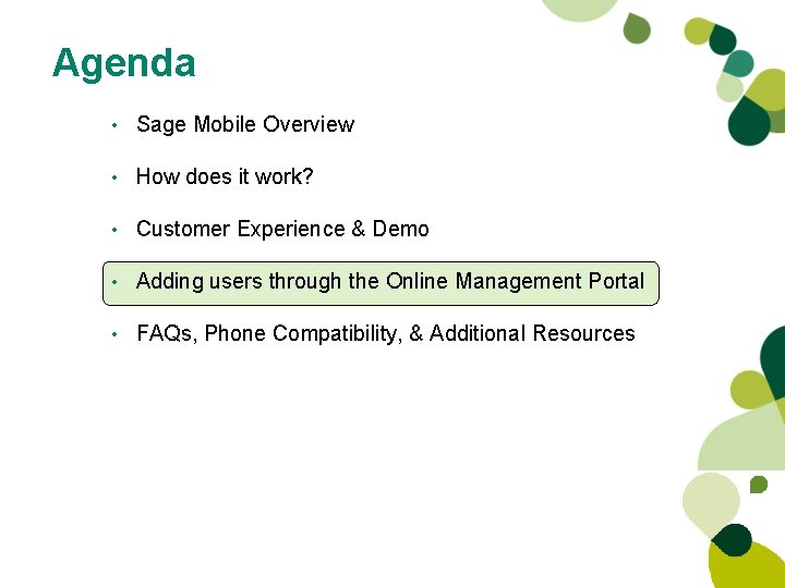 Agenda • Sage Mobile Overview • How does it work? • Customer Experience & Agenda • Sage Mobile Overview • How does it work? • Customer Experience &