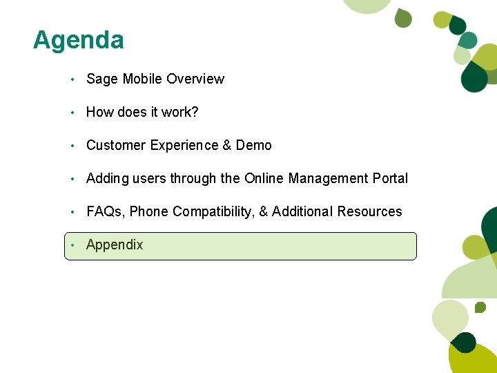 Agenda • Sage Mobile Overview • How does it work? • Customer Experience & Agenda • Sage Mobile Overview • How does it work? • Customer Experience &