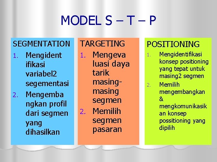 MODEL S – T – P SEGMENTATION 1. Mengident ifikasi variabel 2 segementasi 2.