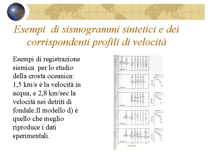 Esempi di sismogrammi sintetici e dei corrispondenti profili di velocità Esempi di registrazione sismica