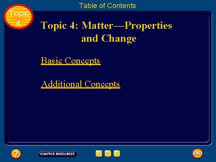 Topic 4 Table of Contents Topic 4: Matter—Properties and Change Basic Concepts Additional Concepts