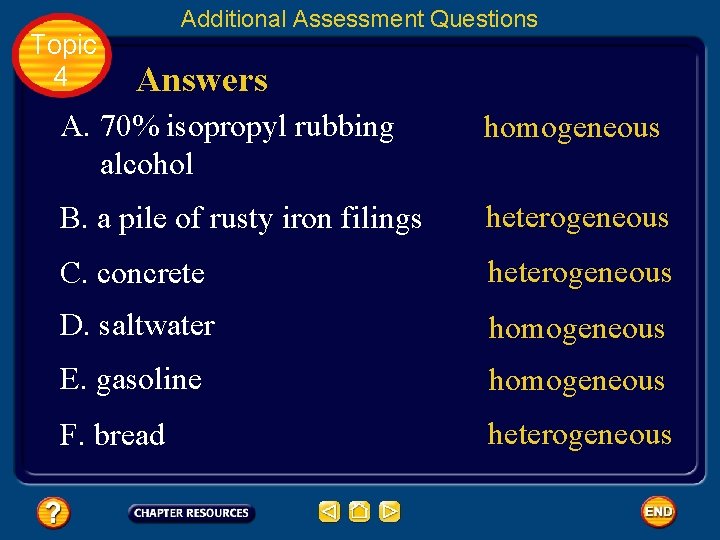 Topic 4 Additional Assessment Questions Answers A. 70% isopropyl rubbing alcohol homogeneous B. a