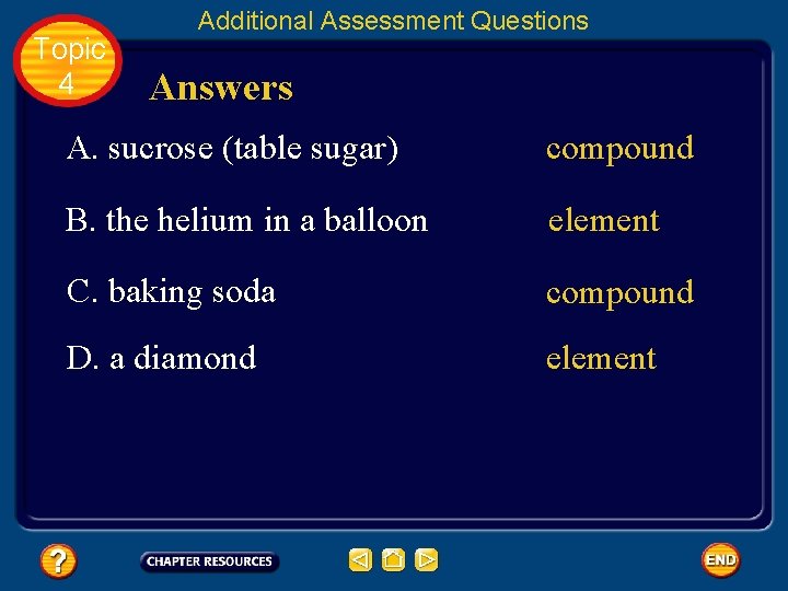 Topic 4 Additional Assessment Questions Answers A. sucrose (table sugar) compound B. the helium