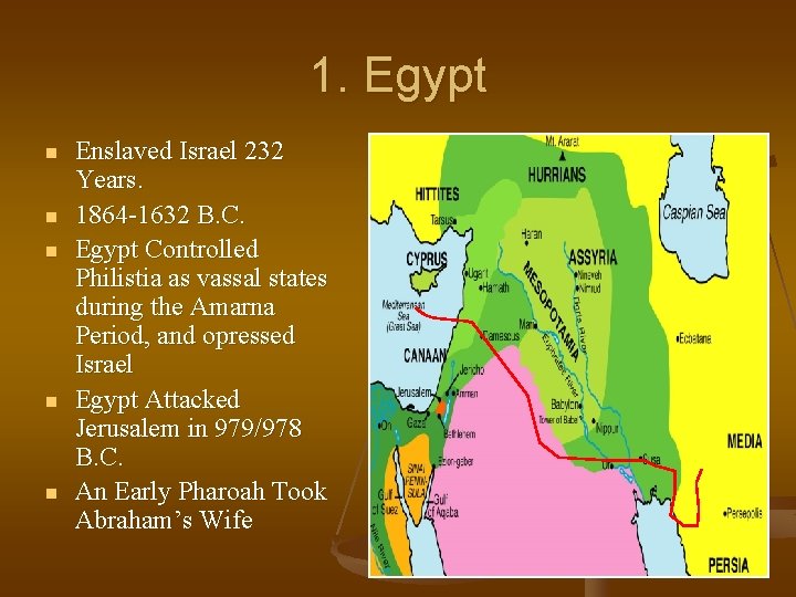 1. Egypt n n n Enslaved Israel 232 Years. 1864 -1632 B. C. Egypt