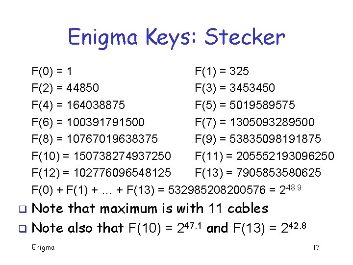 Enigma Keys: Stecker F(0) = 1 F(1) = 325 F(2) = 44850 F(3) = Enigma Keys: Stecker F(0) = 1 F(1) = 325 F(2) = 44850 F(3) =