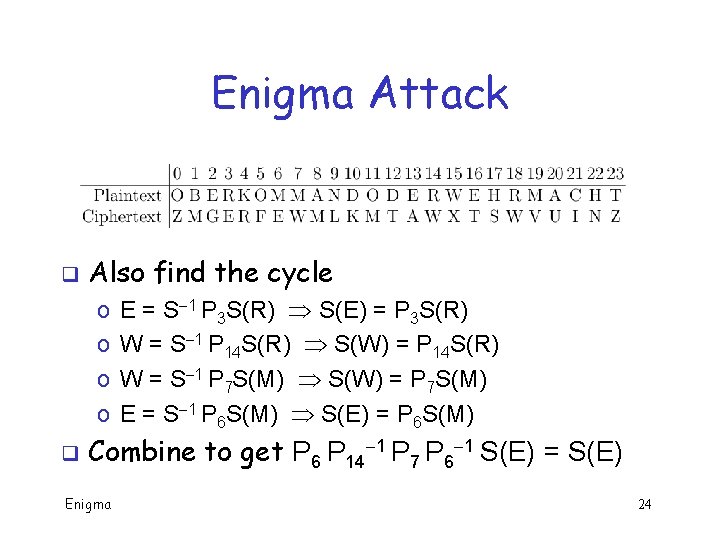 Enigma Attack q Also find the cycle o E = S 1 P 3 Enigma Attack q Also find the cycle o E = S 1 P 3