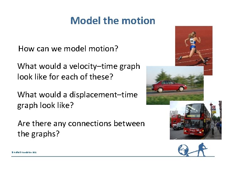 Model the motion How can we model motion? What would a velocity–time graph look