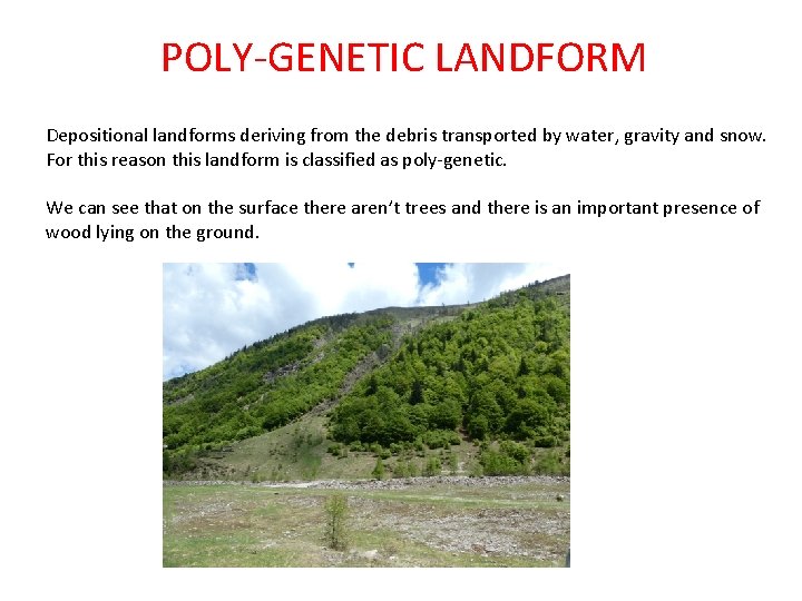 POLY-GENETIC LANDFORM Depositional landforms deriving from the debris transported by water, gravity and snow.