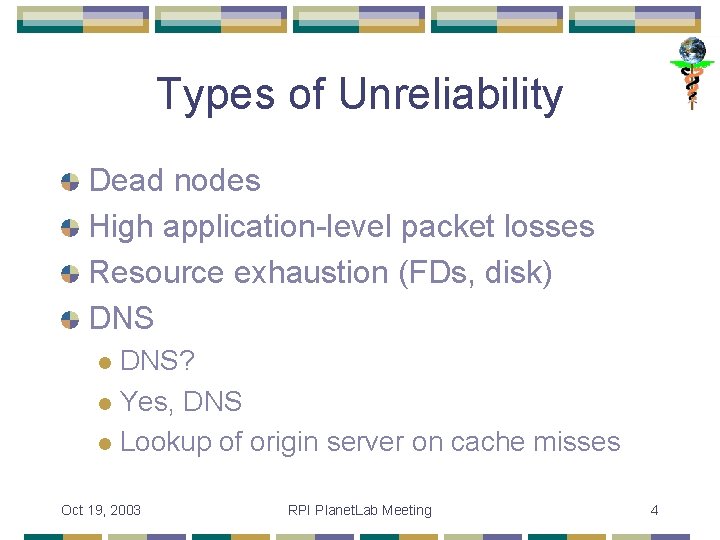 Types of Unreliability Dead nodes High application-level packet losses Resource exhaustion (FDs, disk) DNS?