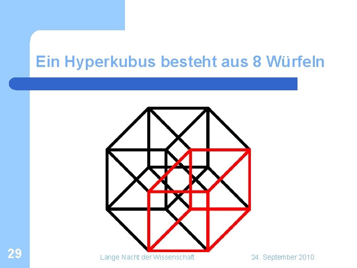 Ein Hyperkubus besteht aus 8 Würfeln 29 Lange Nacht der Wissenschaft 24. September 2010 Ein Hyperkubus besteht aus 8 Würfeln 29 Lange Nacht der Wissenschaft 24. September 2010