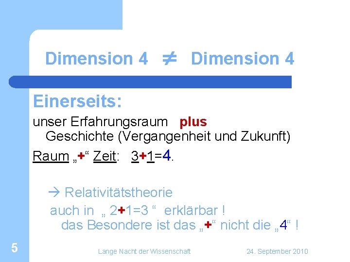 Dimension 4 Einerseits: unser Erfahrungsraum plus Geschichte (Vergangenheit und Zukunft) Raum „+“ Zeit: 3+1=4. Dimension 4 Einerseits: unser Erfahrungsraum plus Geschichte (Vergangenheit und Zukunft) Raum „+“ Zeit: 3+1=4.