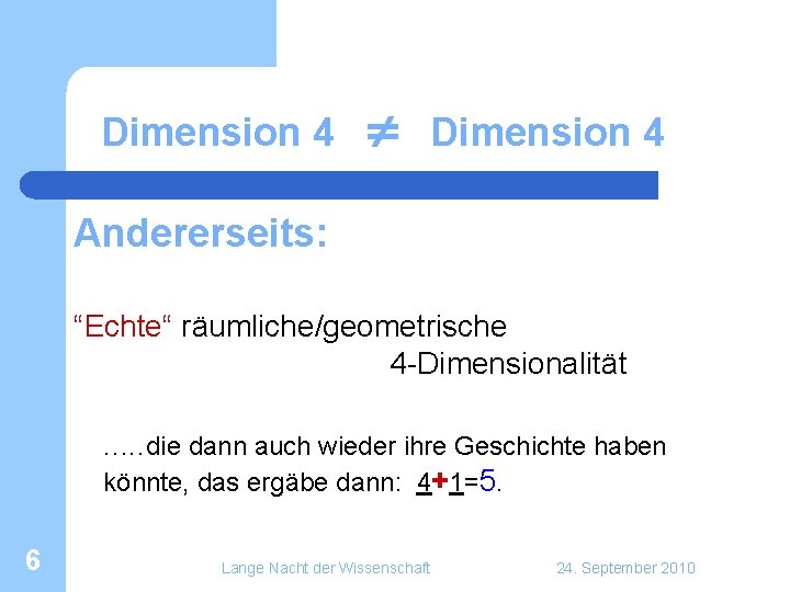 Dimension 4 Andererseits: “Echte“ räumliche/geometrische 4 -Dimensionalität. . . die dann auch wieder ihre Dimension 4 Andererseits: “Echte“ räumliche/geometrische 4 -Dimensionalität. . . die dann auch wieder ihre