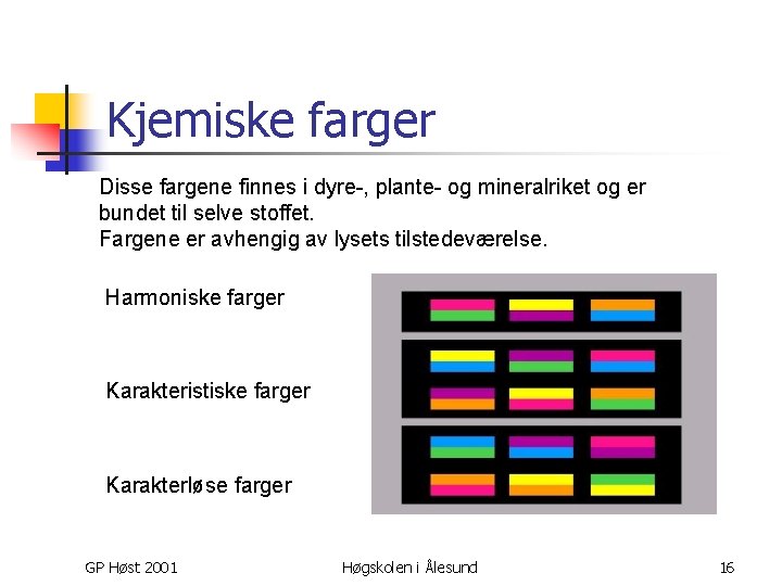 Kjemiske farger Disse fargene finnes i dyre-, plante- og mineralriket og er bundet til