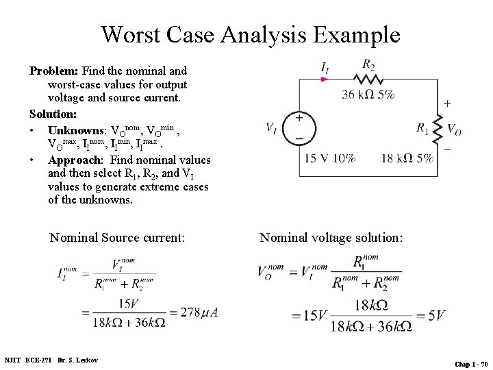 Worst Case Analysis Example Problem: Find the nominal and worst-case values for output voltage