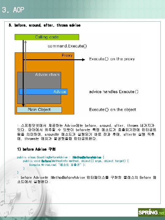3. AOP 3. before, around, after, throws advice : 스프링닷넷에서 제공하는 Advice에는 before, around,