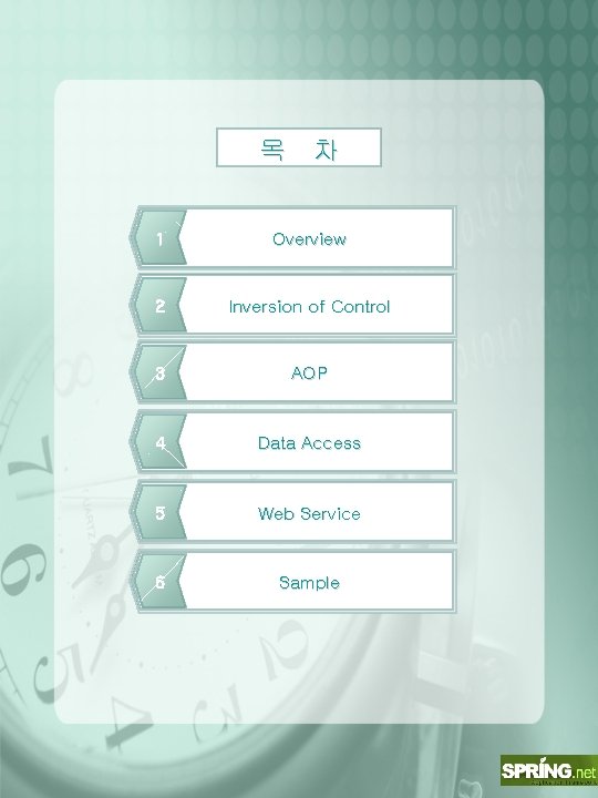 목 차 1 Overview 2 Inversion of Control 3 AOP 4 Data Access 5