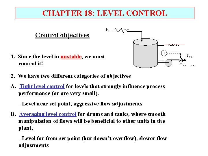 CHAPTER 18: LEVEL CONTROL Control objectives Fin 1. Since the level in unstable, we