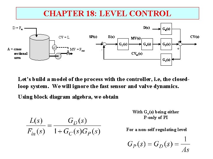 CHAPTER 18: LEVEL CONTROL D(s) D = Fin SP(s) CV = L E(s) +
