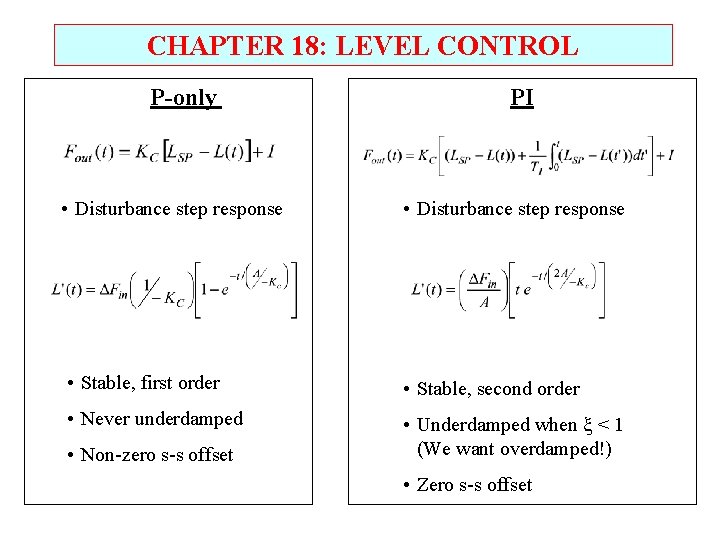 CHAPTER 18: LEVEL CONTROL P-only PI • Disturbance step response • Stable, first order