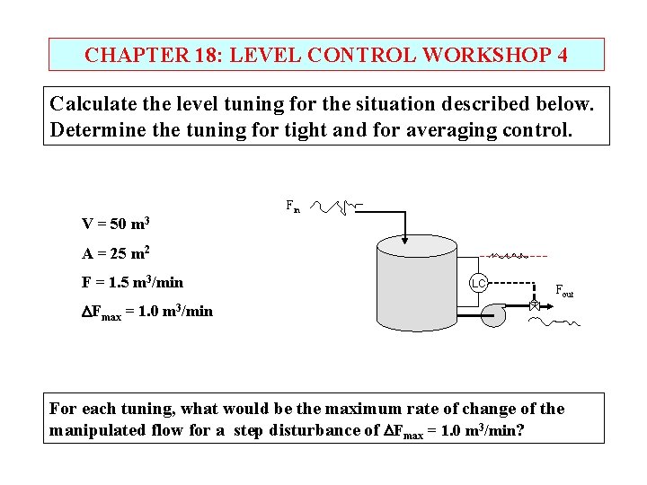 CHAPTER 18: LEVEL CONTROL WORKSHOP 4 Calculate the level tuning for the situation described