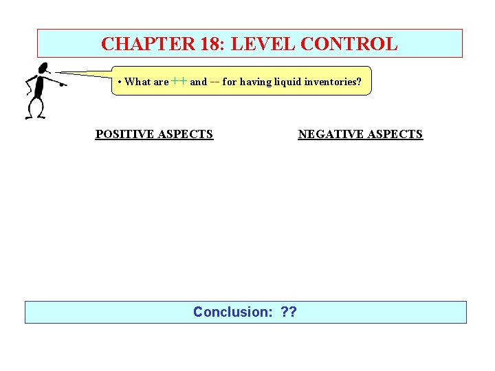 CHAPTER 18: LEVEL CONTROL • What are ++ and -- for having liquid inventories?