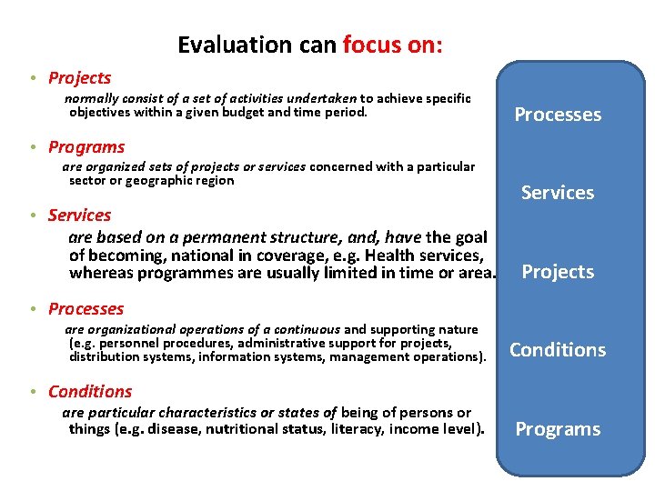 Evaluation can focus on: • Projects normally consist of a set of activities undertaken