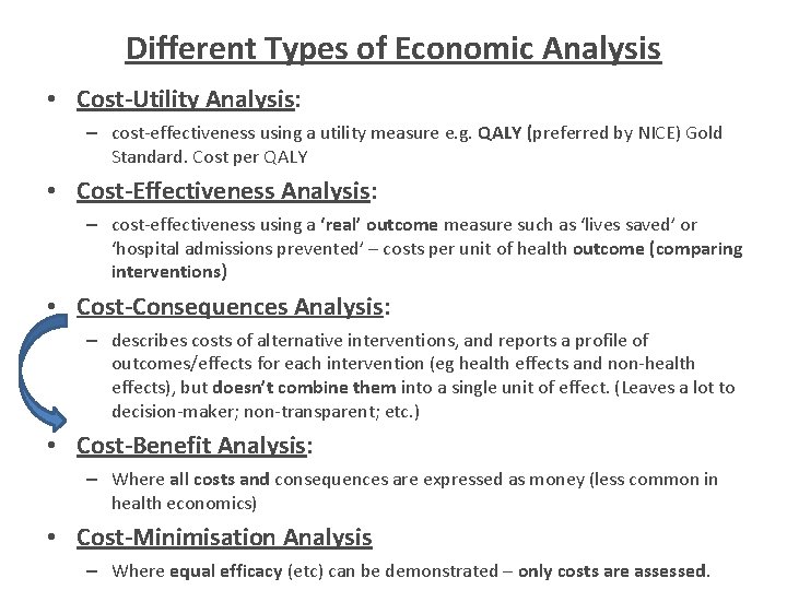 Different Types of Economic Analysis • Cost-Utility Analysis: – cost-effectiveness using a utility measure