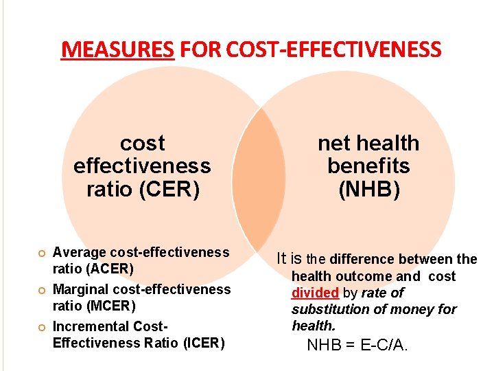 MEASURES FOR COST-EFFECTIVENESS cost effectiveness ratio (CER) Average cost-effectiveness ratio (ACER) Marginal cost-effectiveness ratio